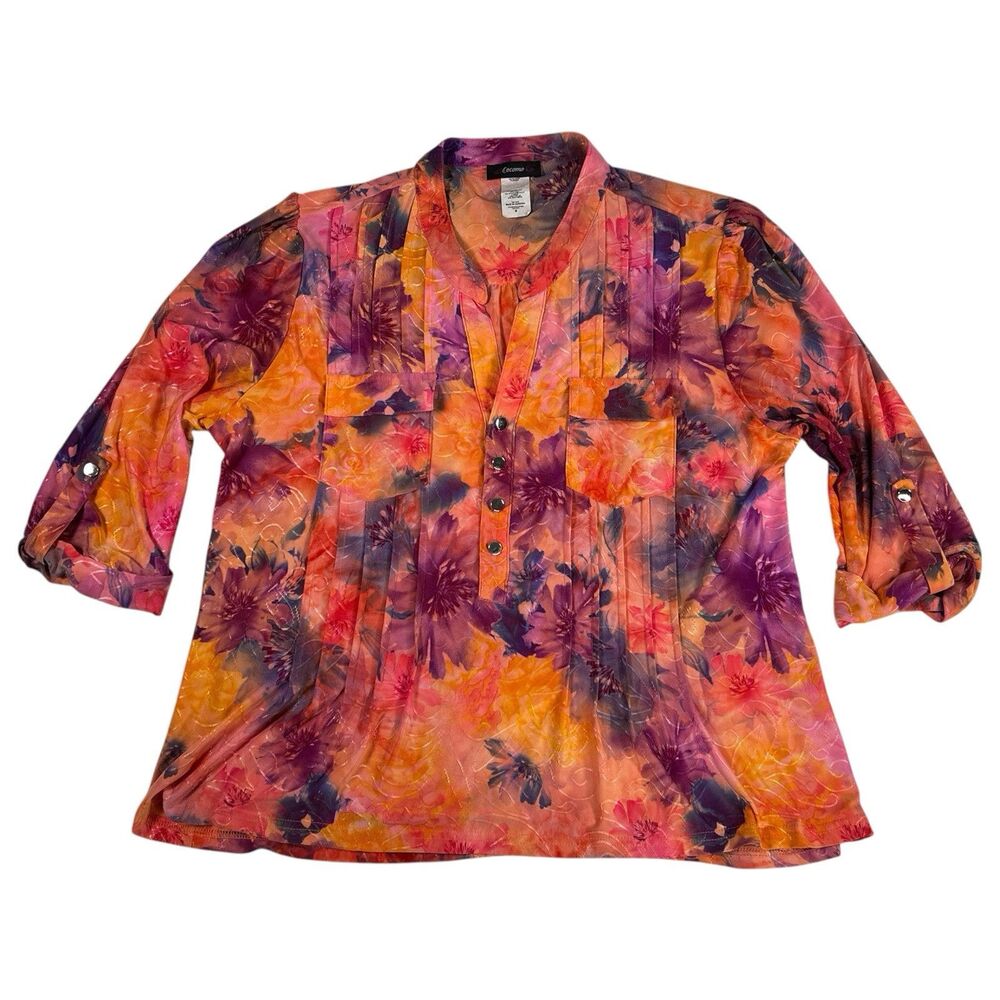 Cocomo Orange Floral Top Watercolor 3/4 Roll Tab Sleeve Button Women's M Blouse